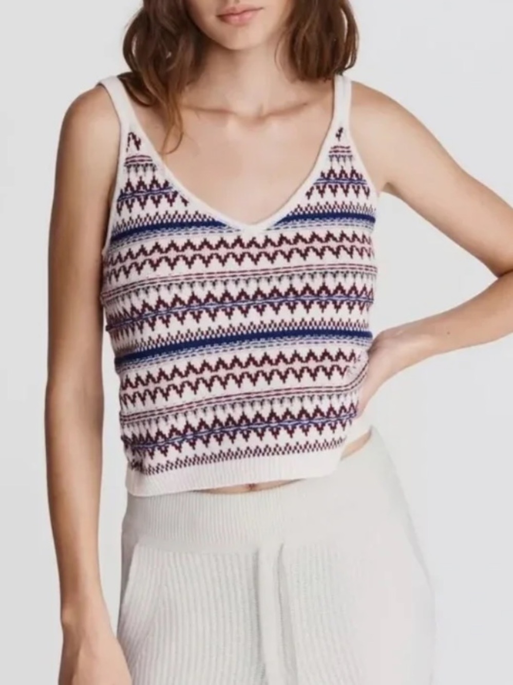 Rag & bone 100% Wool Cream Knit Cropped Tank with Purple & Blue Pattern